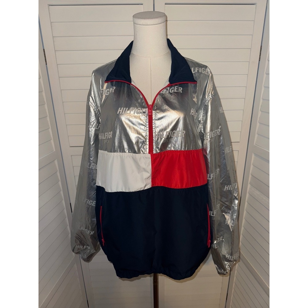 Tommy Hilfiger Sport Men Silver Metallic Colorblock Windbreaker Jacket LG - Picture 2 of 9